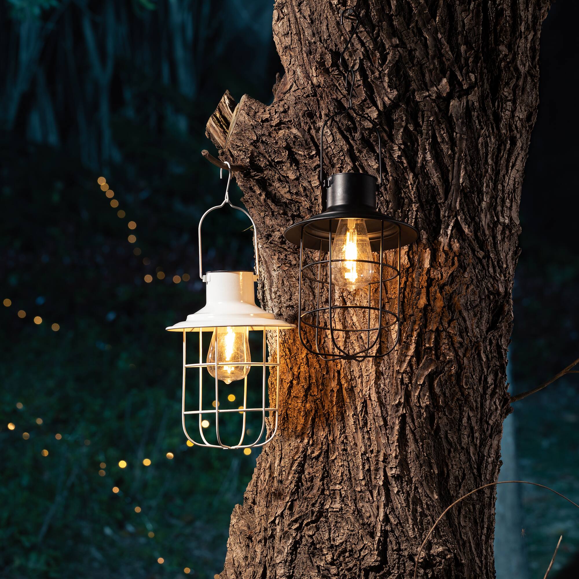 Glitzhome® 9.75" Black Metal Wire Solar Powered Hanging Lantern, 2ct.